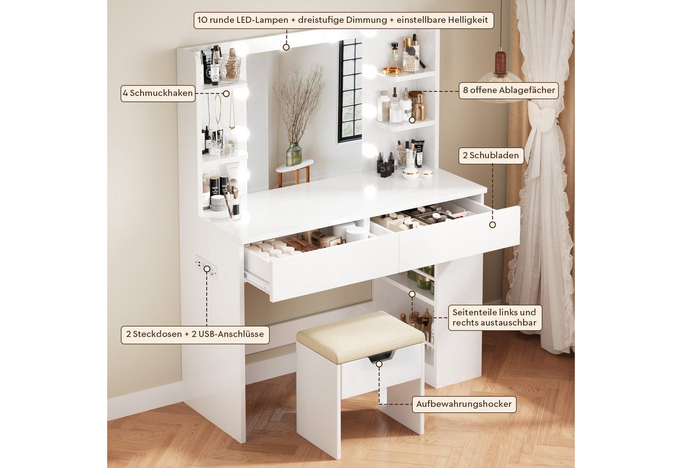 HOMALL Schminktisch mit Spiegel, LED-Beleuchtung, einstellbare Helligkeit, ostern (Langex Brete x Hthe) 90/110 x 40x 135 cm. B ofene Facher (2 seitiche Facher s – Bild 5 von 5