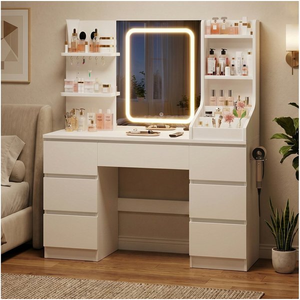 HOMALL Schminktisch Spiegel mit LED-Beleuchtung, 7 Schubladen (Maße: 110 × 40 × 139 cm, drei einstellbare Farbtemperaturen, mit 8 offenen Ablagefächern, 6 Schmu