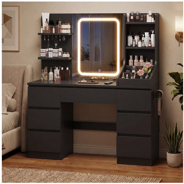 HOMALL Schminktisch Spiegel mit LED-Beleuchtung, 7 Schubladen (Maße: 110 × 40 × 139 cm, drei einstellbare Farbtemperaturen, mit 8 offenen Ablagefächern, 6 Schmu