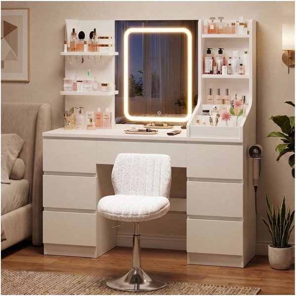 HOMALL Schminktisch Spiegel mit LED-Beleuchtung, 7 Schubladen (Maße: 110 × 40 × 139 cm, drei einstellbare Farbtemperaturen, mit 8 offenen Ablagefächern, 6 Schmu
