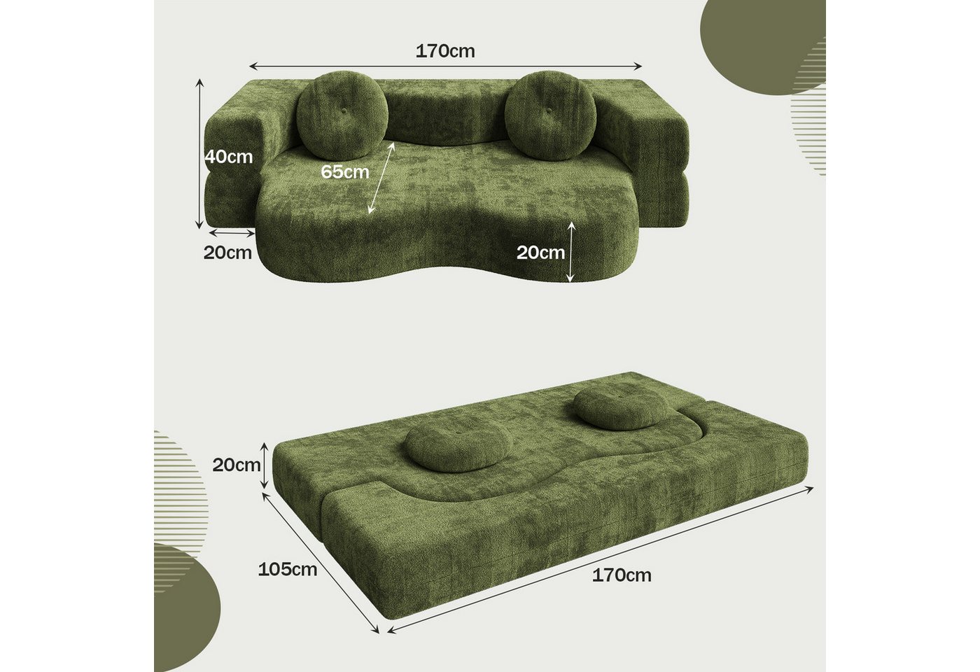 HOMALL Sofa Stilvolles Klappsofa, (Keine Montage erforderlich – ideal für Wohnzimmer, Lounge & Freizeitbereiche – zum Top-Preis) – Bild 5 von 5