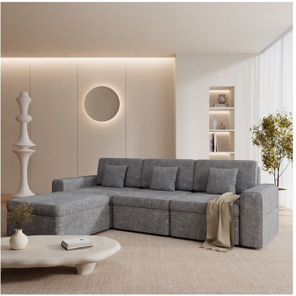 HOMAVO Ecksofa Schlafsofa, Couch L-Form, keine Montage erforderlich, inkl. Zierkissen, FSC® modulares Sofa, optionale Schlaffunktion & flexible Ottomane, Größe 
