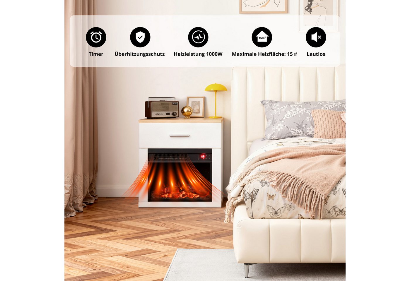 HOMAVO Elektrokamin mit Nachttisch, 14" 1000W Heizung, 3D-Flammeneffekt, Fernbedienung, Schrankgröße:43.5 x 29.5 x 47cm, Überhitzungsschutz, Timer – Bild 2 von 5