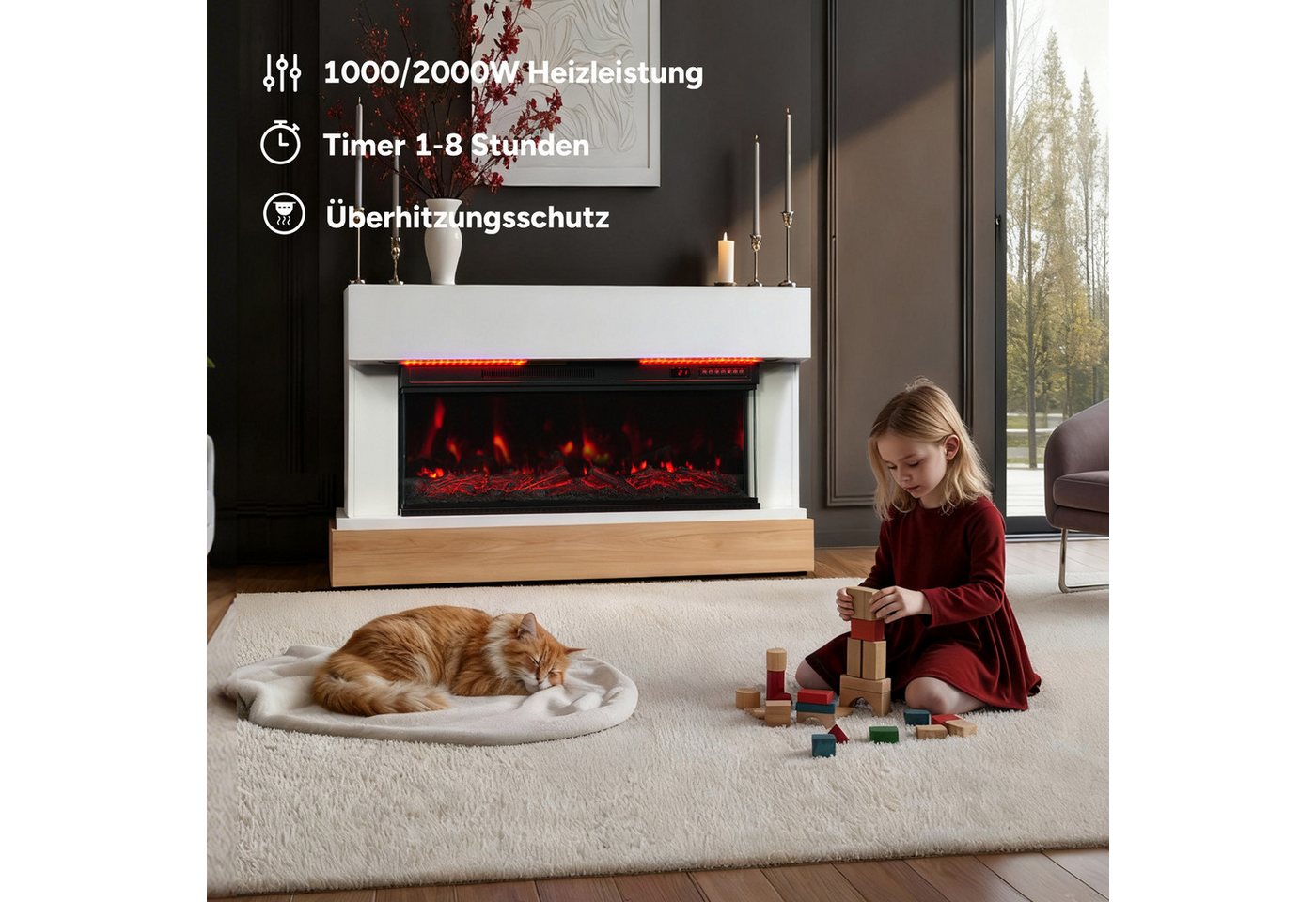 HOMAVO Elektrokamin mit Schrank, 36", 1000/2000W Heizung, 3D-Flammeneffekt, Schrankgröße: 117 x 20 x 95,5 cm, LED-Leiste, Fernbedienung – Bild 2 von 5