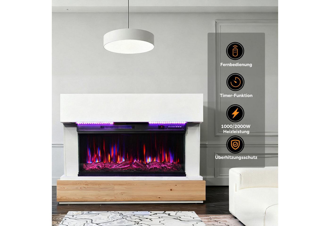 HOMAVO Elektrokamin mit Schrank, 36", 1000/2000W Heizung, 3D-Flammeneffekt, Schrankgröße: 117 x 20 x 95,5 cm, LED-Leiste, Fernbedienung – Bild 5 von 5