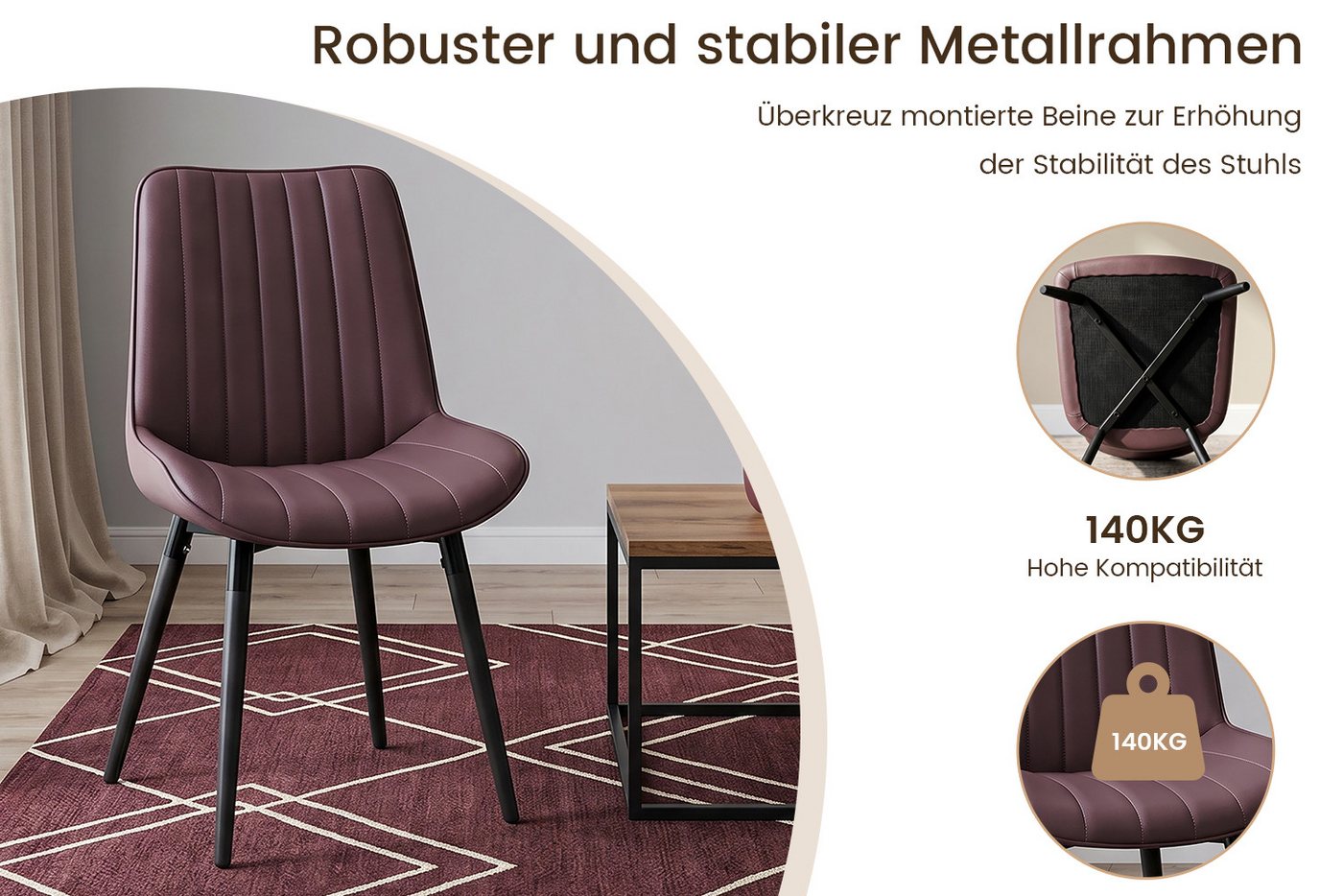 HOMAVO Esszimmerstuhl Stuhlset - aus Samt oder Kunstleder, gepolstert, mit Metallfüßen (6 St), Nach EN 12520 gepruft, mit Ergonomischer Rückenlehne und Metallbe – Bild 4 von 5