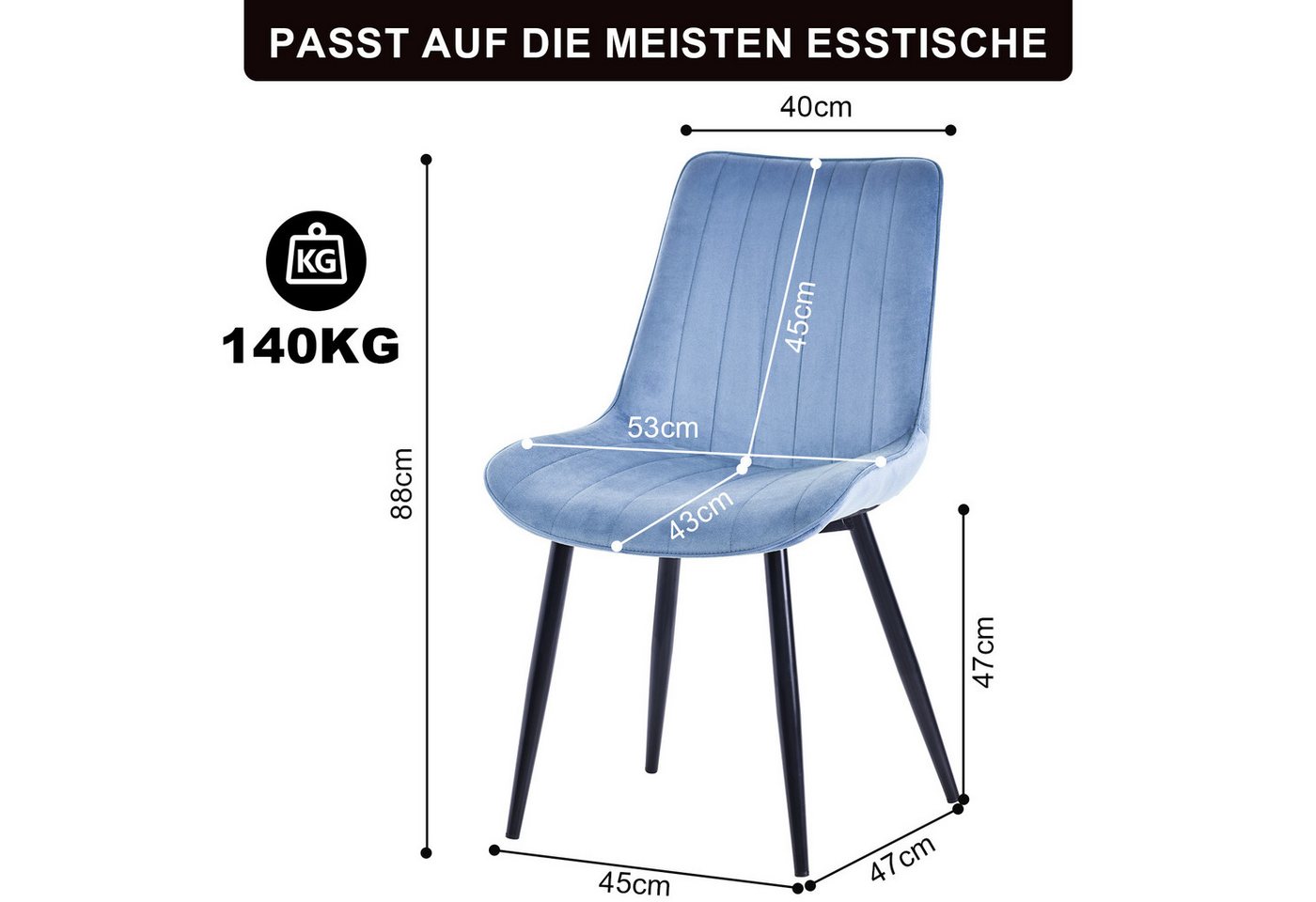 HOMAVO Esszimmerstuhl Stuhlset - aus Samt oder Kunstleder, gepolstert, mit Metallfüßen (4 St), Nach EN 12520 gepruft, mit Ergonomischer Rückenlehne und Metallbe – Bild 4 von 5