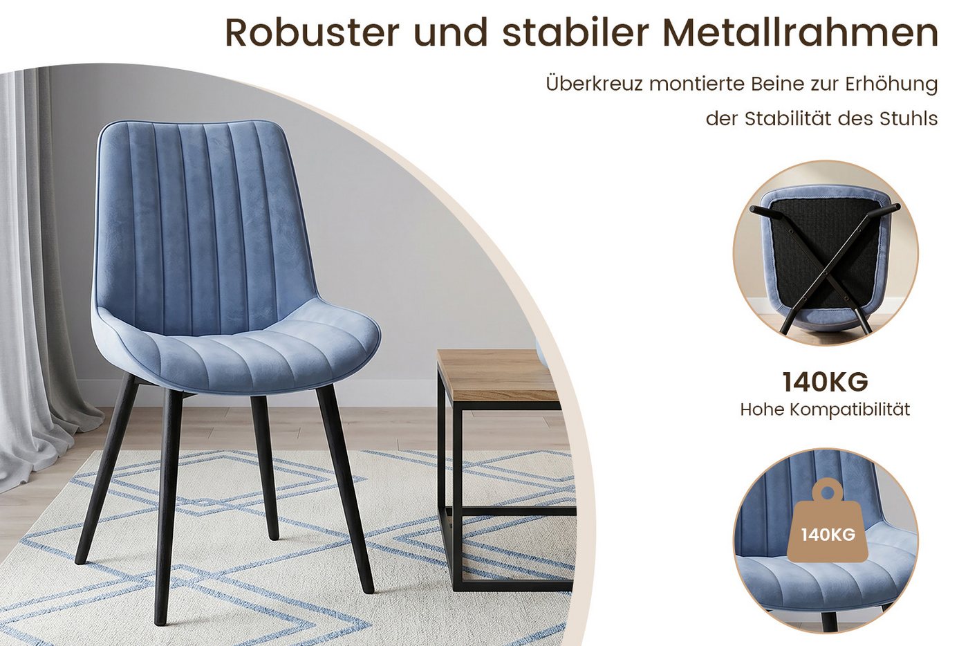 HOMAVO Esszimmerstuhl Stuhlset - aus Samt oder Kunstleder, gepolstert, mit Metallfüßen (2 St), Nach EN 12520 gepruft, mit Ergonomischer Rückenlehne und Metallbe – Bild 4 von 5