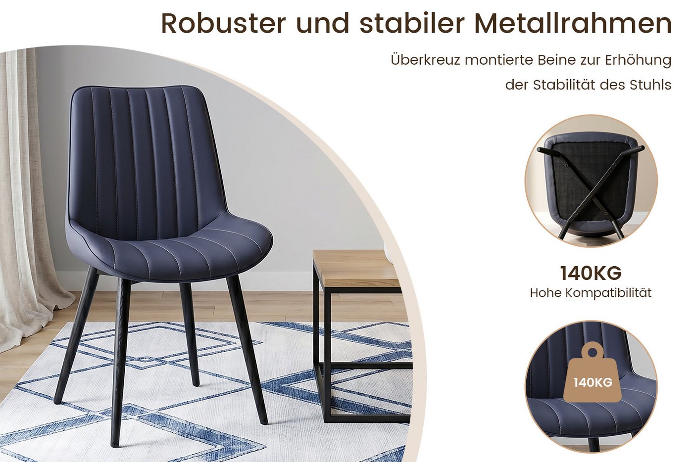 HOMAVO Esszimmerstuhl Stuhlset - aus Samt oder Kunstleder, gepolstert, mit Metallfüßen (6 St), Nach EN 12520 gepruft, mit Ergonomischer Rückenlehne und Metallbe – Bild 4 von 5