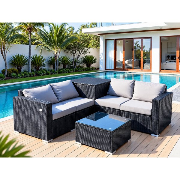 HOMAVO Gartenlounge-Set mit Beistelltisch, Aufbewahrungsbox & Abdeckung, (Set, 7-tlg, Gartenmöbel set 4 Personen)