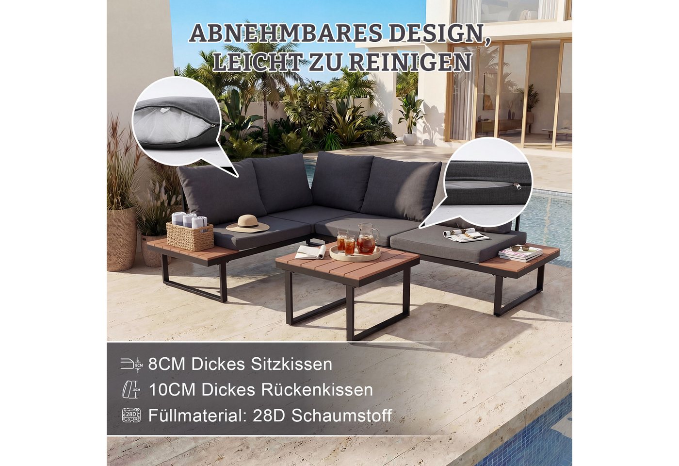 HOMAVO Gartenlounge-Set mit Couchtisch, Ecksofa in L-Form, wasser- und sonnenschutzbeständig, mit Sofaabdeckungen wasserfest, für Terrasse, Balkon und Garten – Bild 2 von 5