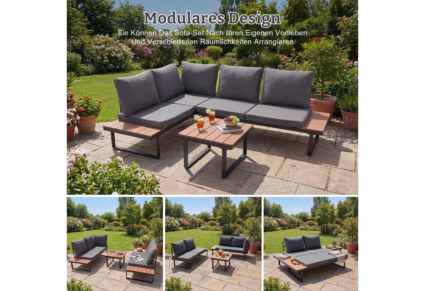 HOMAVO Gartenlounge-Set mit Couchtisch, Ecksofa in L-Form, wasser- und sonnenschutzbeständig, mit Sofaabdeckungen wasserfest, für Terrasse, Balkon und Garten – Bild 3 von 5