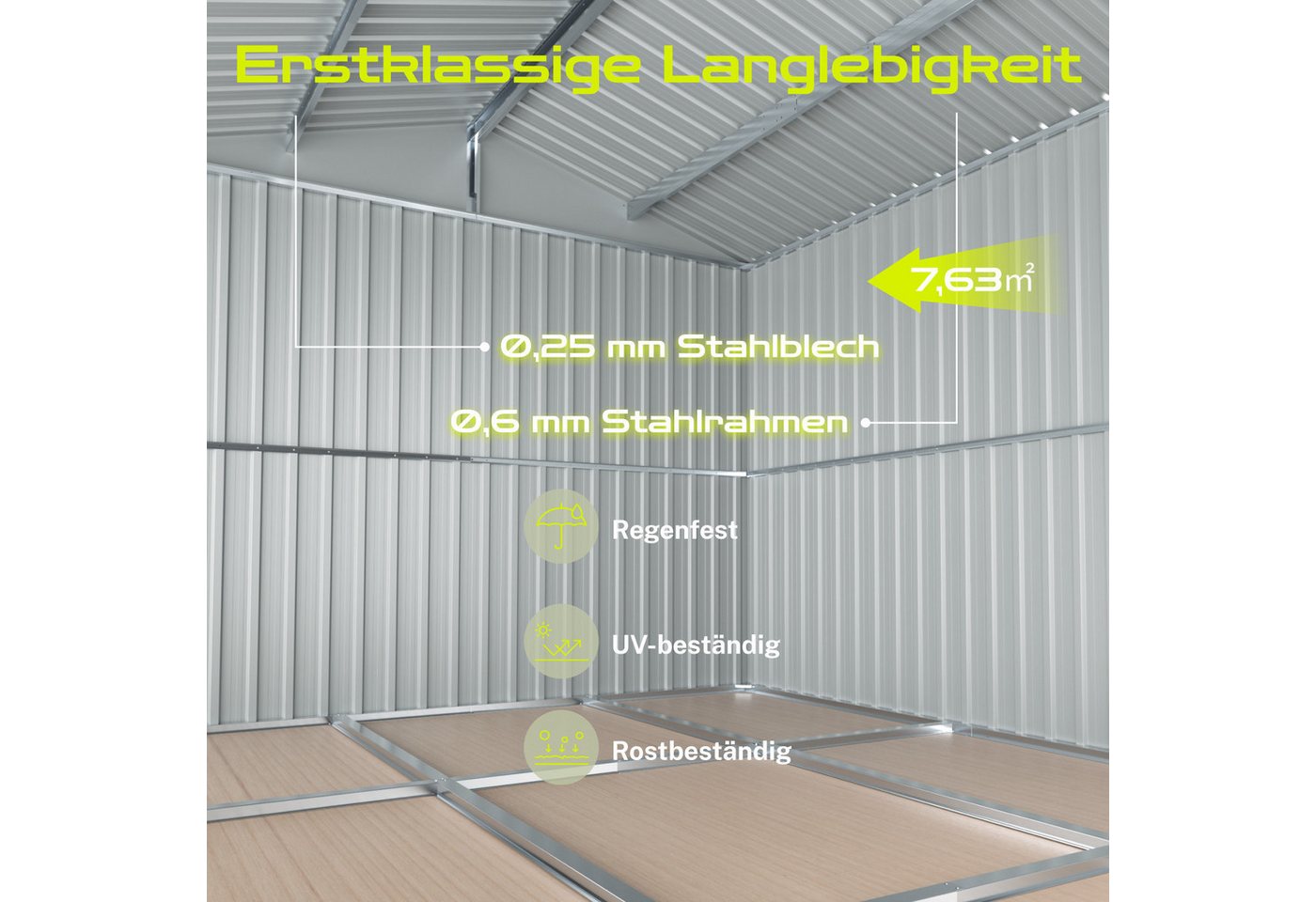 HOMAVO Gerätehaus mit Pultdach, Gartenhaus Metall mit Fundament, mehrere Größen zur Auswahl, mit Belüftungsöffnungen – Bild 2 von 5