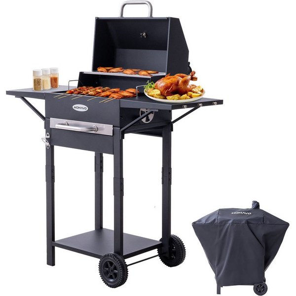 HOMAVO Holzkohlegrill mit Deckel, 2 Seitentische, Grillfläche: 45×32cm, höhenverstellbarer Grillrost mit 2 Stufen, optional mit Abdeckung