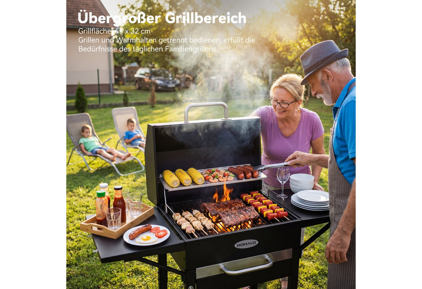HOMAVO Holzkohlegrill mit Deckel, 2 Seitentische, Grillfläche: 45×32cm, höhenverstellbarer Grillrost mit 2 Stufen, optional mit Abdeckung – Bild 2 von 5
