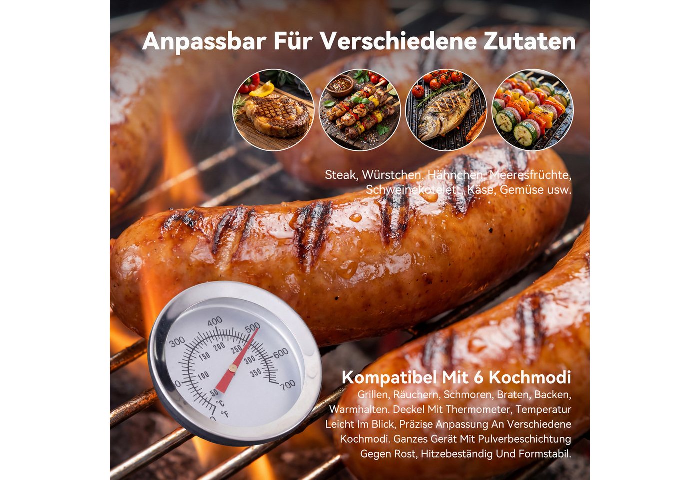 HOMAVO Holzkohlegrill mit Deckel, 2 Seitentische, Grillfläche: 45×32cm, höhenverstellbarer Grillrost mit 2 Stufen, optional mit Abdeckung – Bild 3 von 5