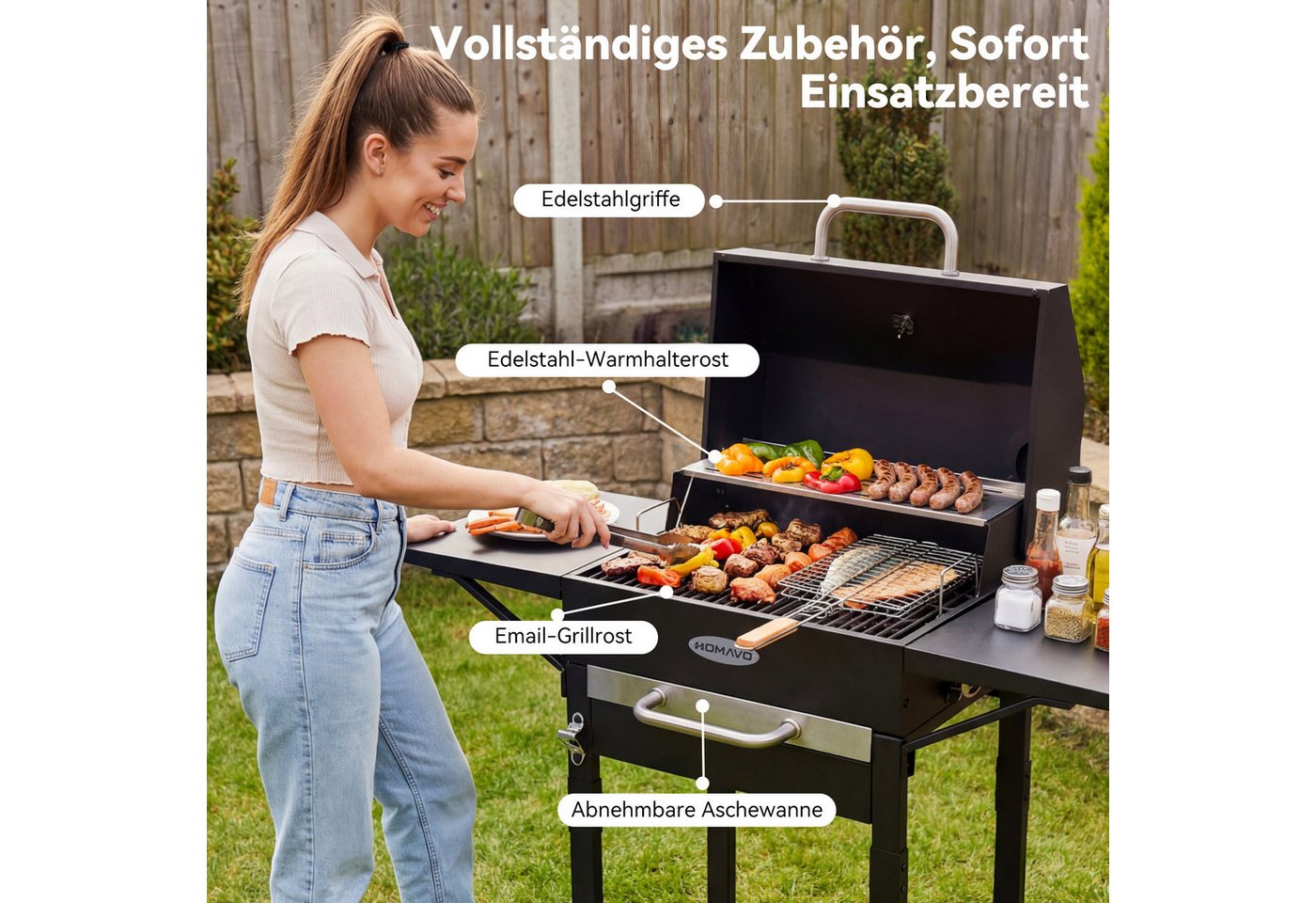 HOMAVO Holzkohlegrill mit Deckel, 2 Seitentische, Grillfläche: 45×32cm, höhenverstellbarer Grillrost mit 2 Stufen, optional mit Abdeckung – Bild 5 von 5