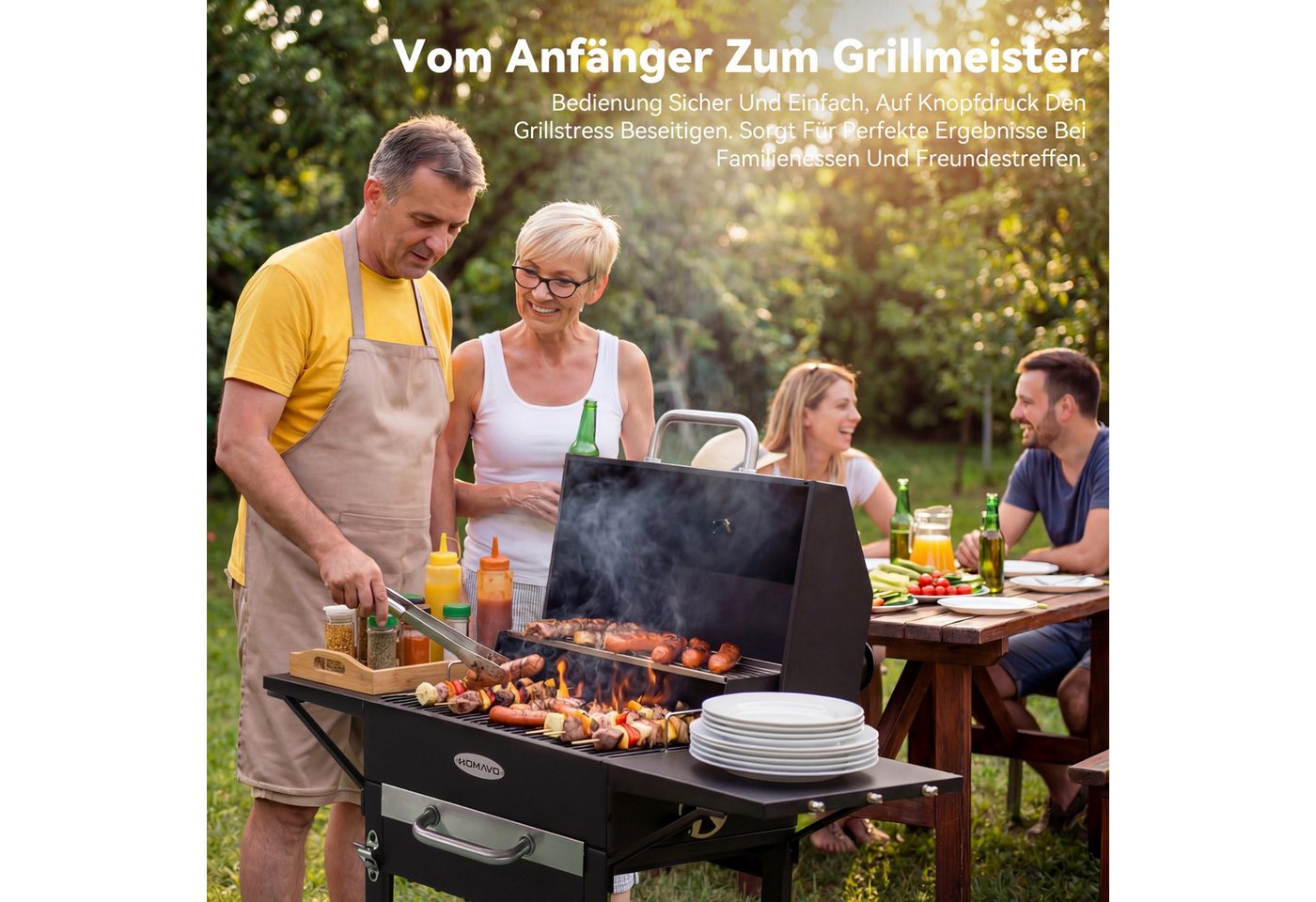 HOMAVO Holzkohlegrill mit Deckel, 2 Seitentische, Grillfläche: 45×32cm, höhenverstellbarer Grillrost mit 2 Stufen, optional mit Abdeckung – Bild 4 von 5