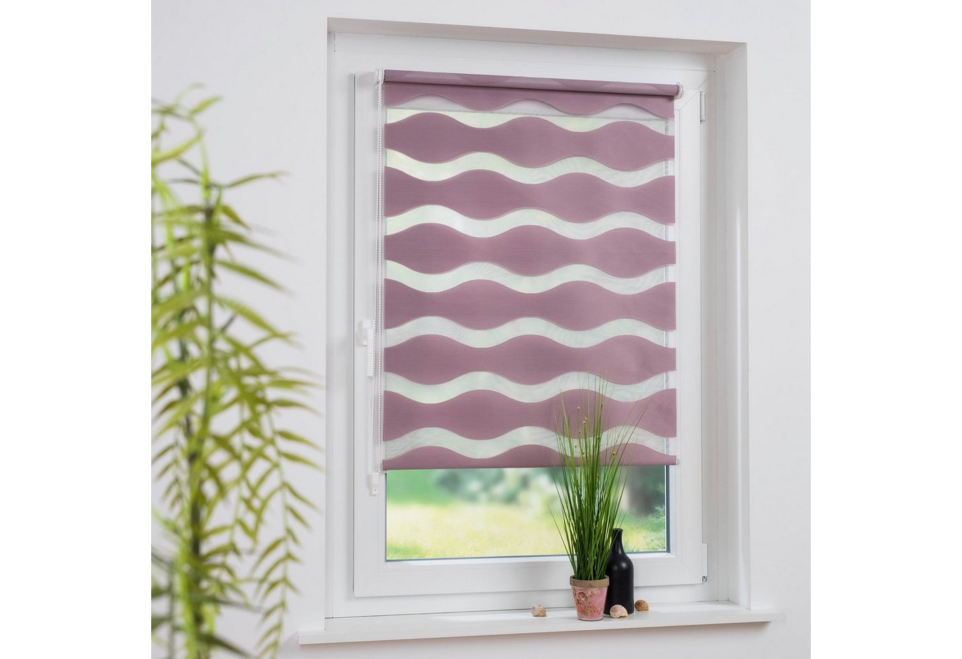 Doppelrollo im Wellendesign, HOMBERA, Lichtschutz, ohne Bohren oder Schrauben, freihängend, Klemmfix, Stilvolles design, Flexibilität in der Lichtregulierung – Bild 2 von 5