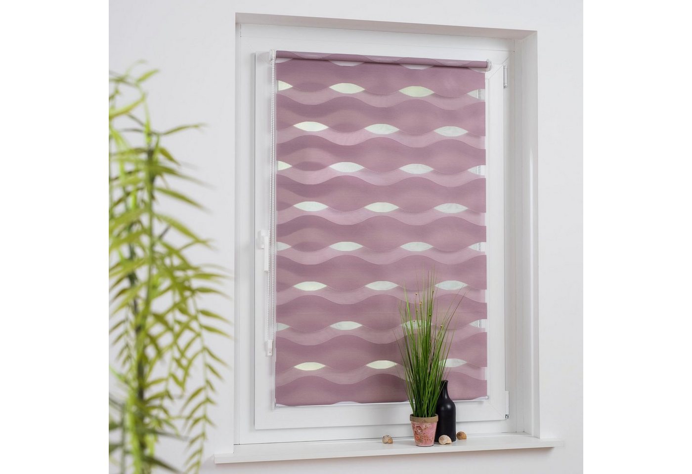 Doppelrollo im Wellendesign, HOMBERA, Lichtschutz, ohne Bohren oder Schrauben, freihängend, Klemmfix, Stilvolles design, Flexibilität in der Lichtregulierung – Bild 4 von 5