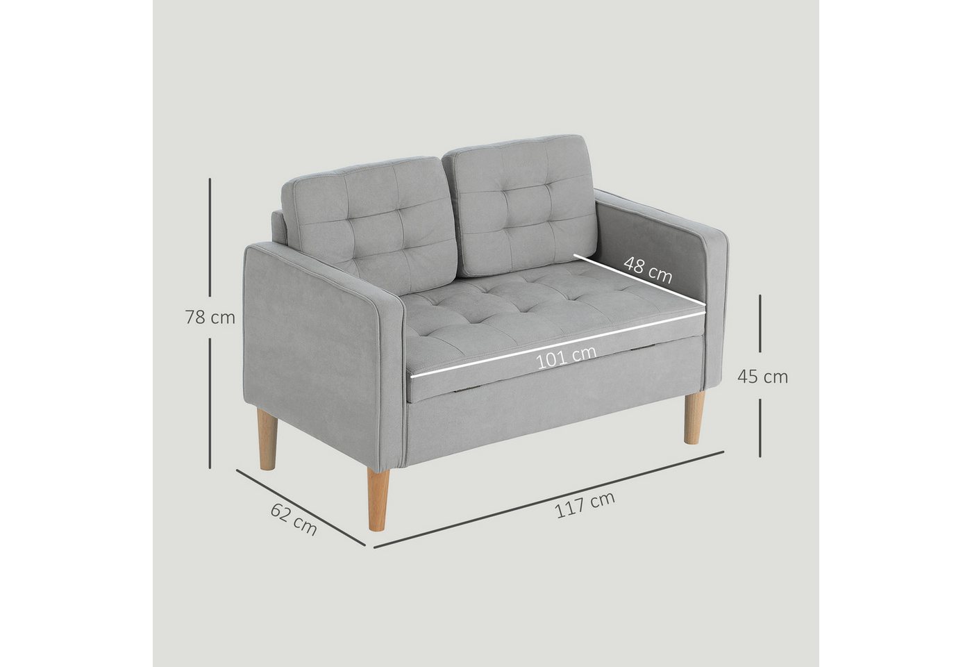 HOMCOM 2-Sitzer Couch mit Stauraum, Polstersofa mit Samtoptik, Polstersofa 1 Teile, für Wohnzimmer, Hellgrau – Bild 3 von 5