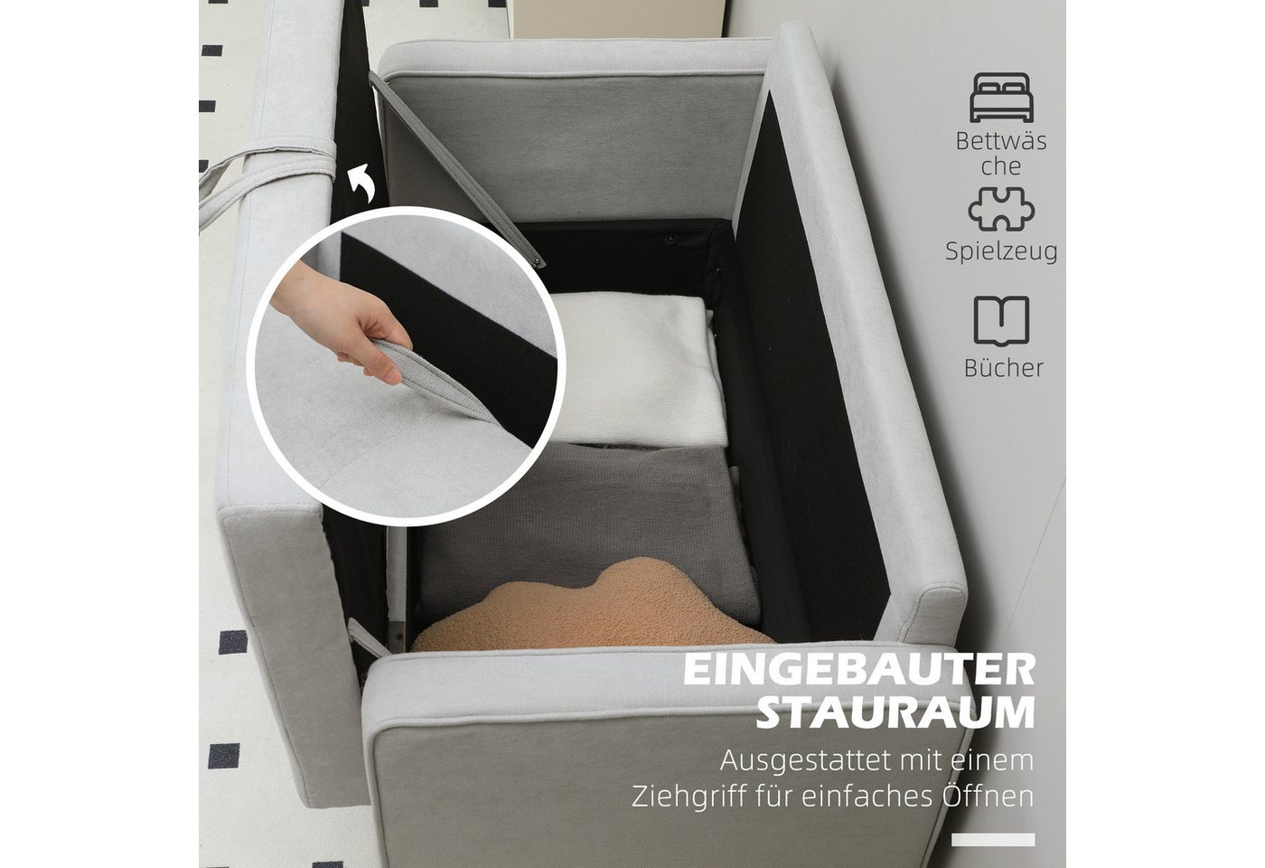HOMCOM 2-Sitzer Couch mit Stauraum, Polstersofa mit Samtoptik, Polstersofa 1 Teile, für Wohnzimmer, Hellgrau – Bild 4 von 5