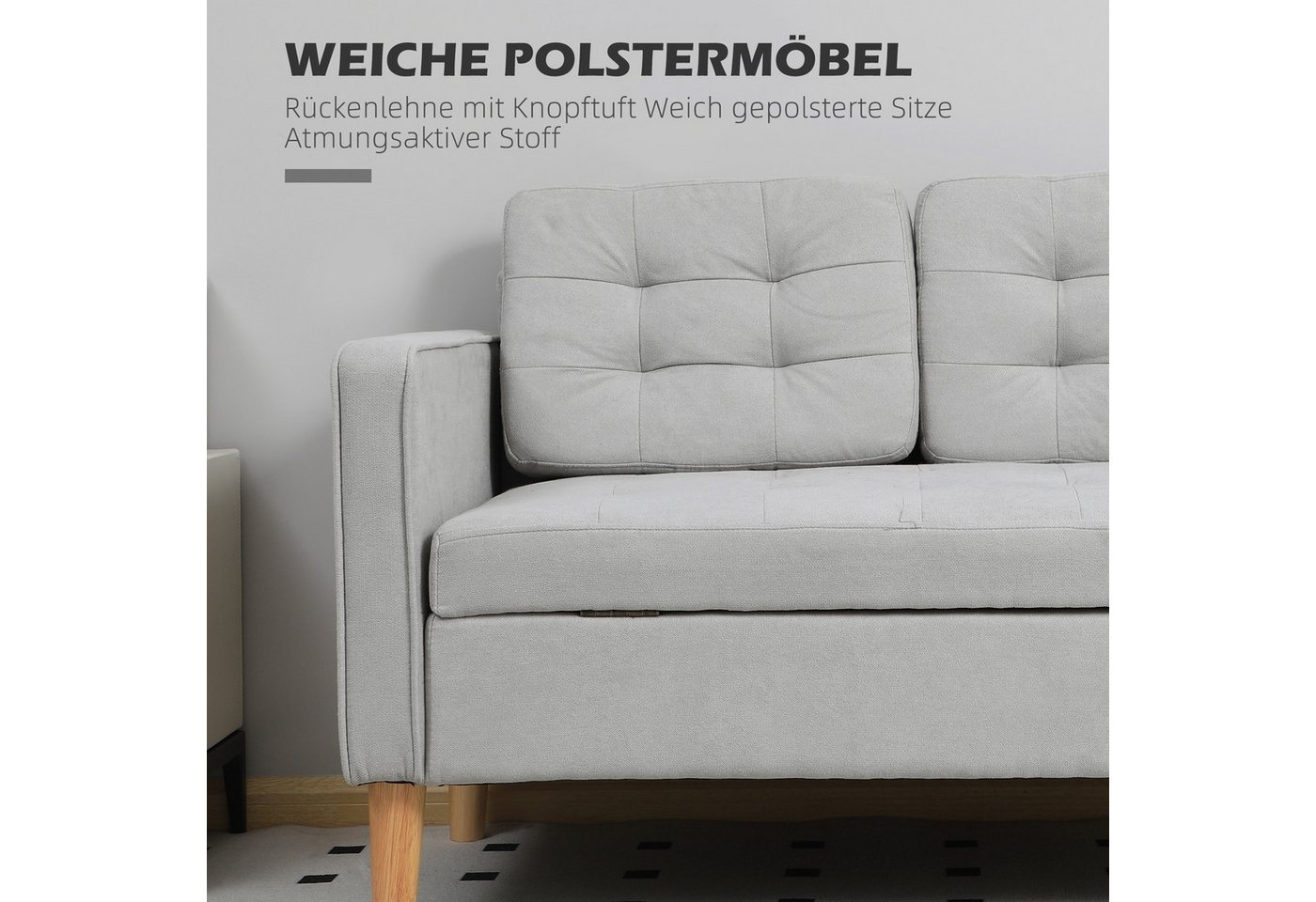 HOMCOM 2-Sitzer Couch mit Stauraum, Polstersofa mit Samtoptik, Polstersofa 1 Teile, für Wohnzimmer, Hellgrau – Bild 5 von 5