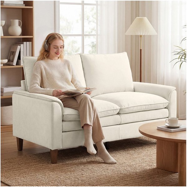 HOMCOM 2-Sitzer kleine Couch 146 cm, Modern Polstersofa mit Holzbeine, Creme, Spar-Set 1 Teile, Doppelschicht-Polsterung mit Federkissen