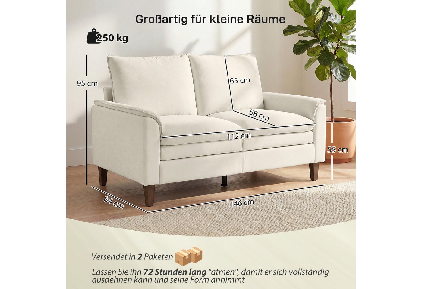 HOMCOM 2-Sitzer kleine Couch 146 cm, Modern Polstersofa mit Holzbeine, Creme, Spar-Set 1 Teile, Doppelschicht-Polsterung mit Federkissen – Bild 3 von 5