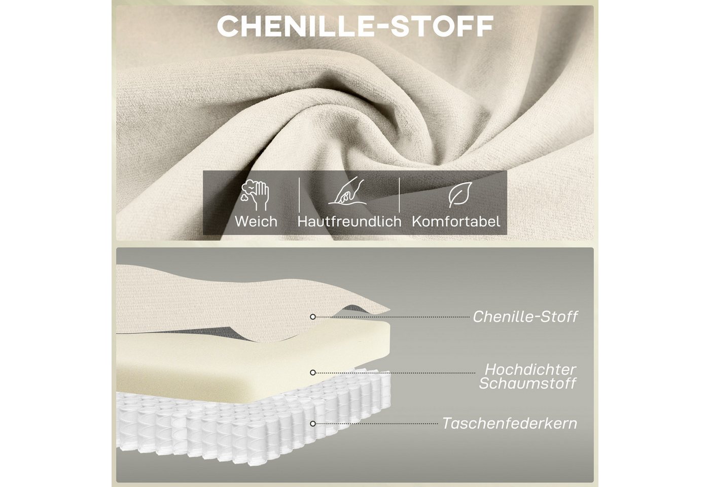 HOMCOM 2-Sitzer kleine Couch 146 cm, Modern Polstersofa mit Holzbeine, Creme, Spar-Set 1 Teile, Doppelschicht-Polsterung mit Federkissen – Bild 4 von 5