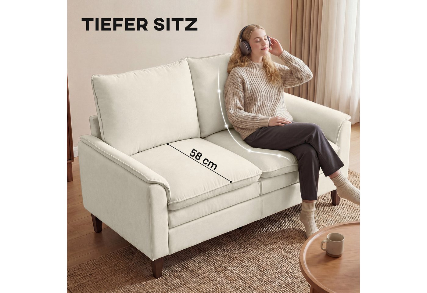 HOMCOM 2-Sitzer kleine Couch 146 cm, Modern Polstersofa mit Holzbeine, Creme, Spar-Set 1 Teile, Doppelschicht-Polsterung mit Federkissen – Bild 5 von 5