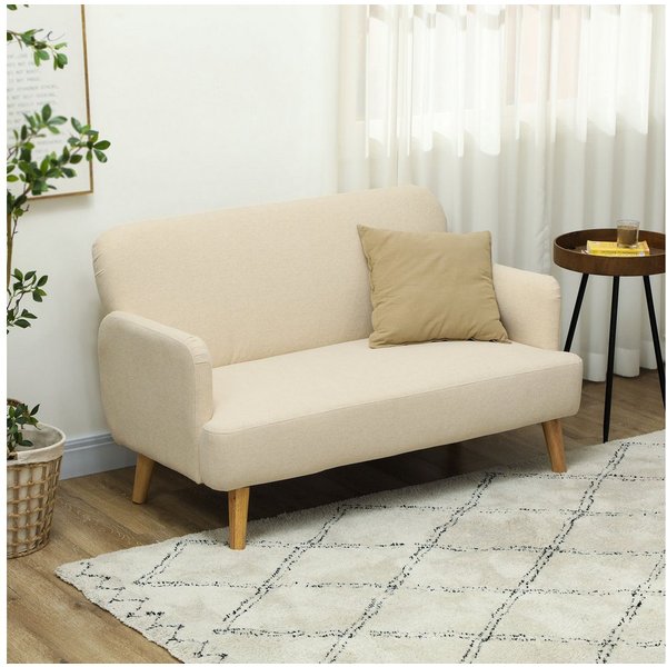 HOMCOM 2-Sitzer Kleine Couch mit Samtoptik, Holzbeine, Polstersofa mit Armlehne, Küchensofa 1 Teile, für Wohnzimmer, Schlafzimmer, 130 x 74 x 79 cm, Cremeweiß