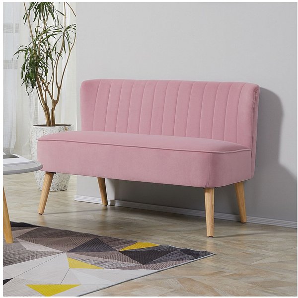 HOMCOM 2-Sitzer Sitzmöbel, Loungesofa, aus Holz, Samtartiges Polyster, Schaumstoff, Doppelsofa 1 Teile, für Wohnzimmer, Schlafzimmer, 117 x 56,5 x 77 cm, Rosa