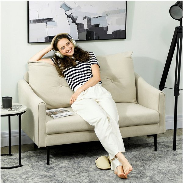 HOMCOM 2-Sitzer Sofa 124 cm Kleine Polstersofa Dick Gepolstert Samtoptik Getuftet, Couch 1 Teile, für Wohnzimmer, Schlafzimmer, Metallrahmen, Cremeweiß