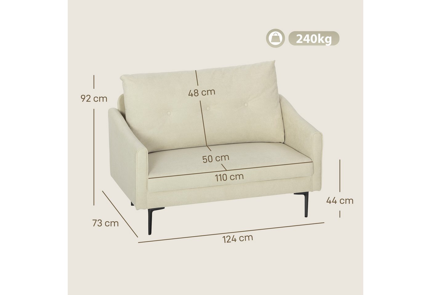 HOMCOM 2-Sitzer Sofa 124 cm Kleine Polstersofa Dick Gepolstert Samtoptik Getuftet, Couch 1 Teile, für Wohnzimmer, Schlafzimmer, Metallrahmen, Cremeweiß – Bild 3 von 5