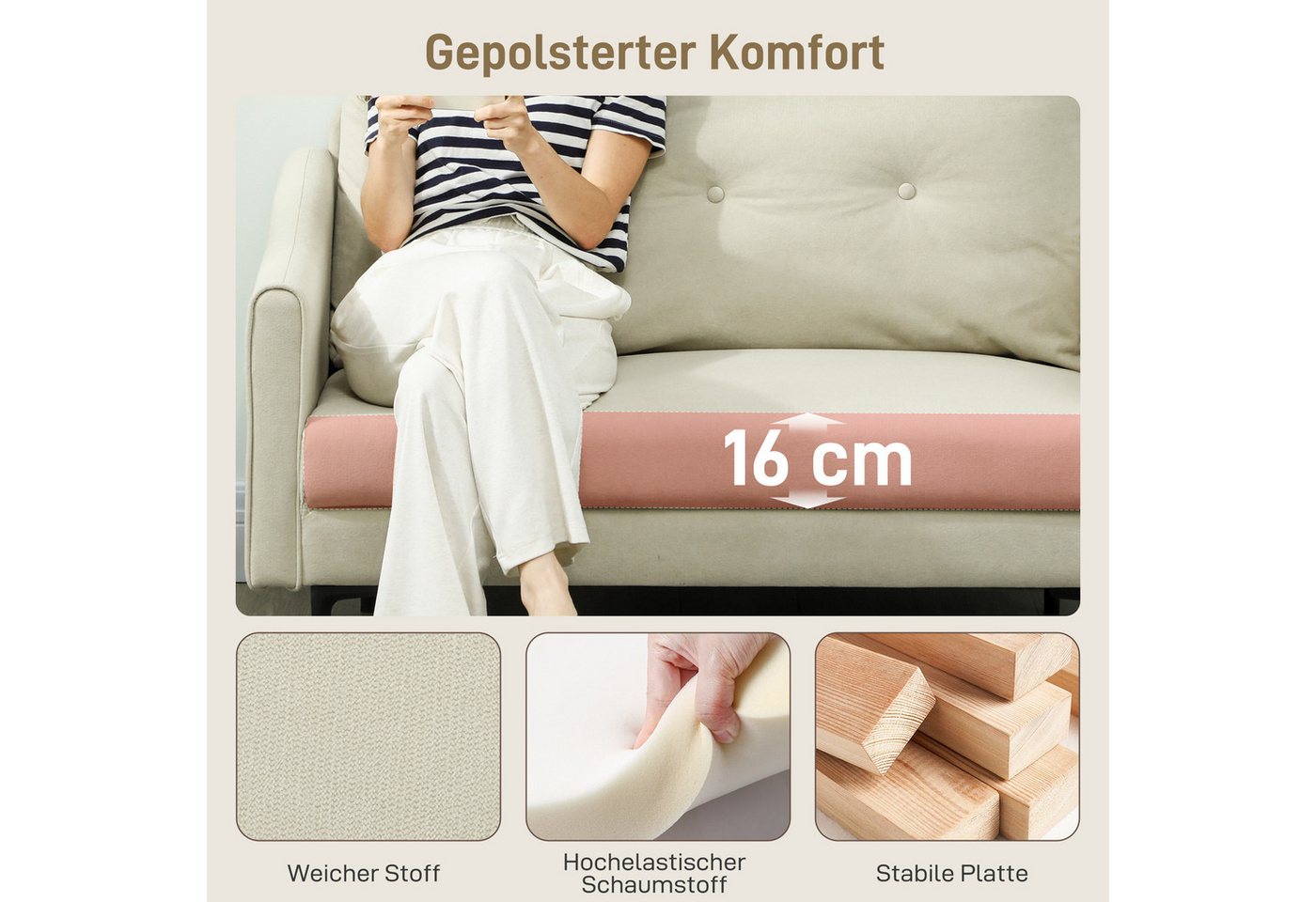 HOMCOM 2-Sitzer Sofa 124 cm Kleine Polstersofa Dick Gepolstert Samtoptik Getuftet, Couch 1 Teile, für Wohnzimmer, Schlafzimmer, Metallrahmen, Cremeweiß – Bild 4 von 5