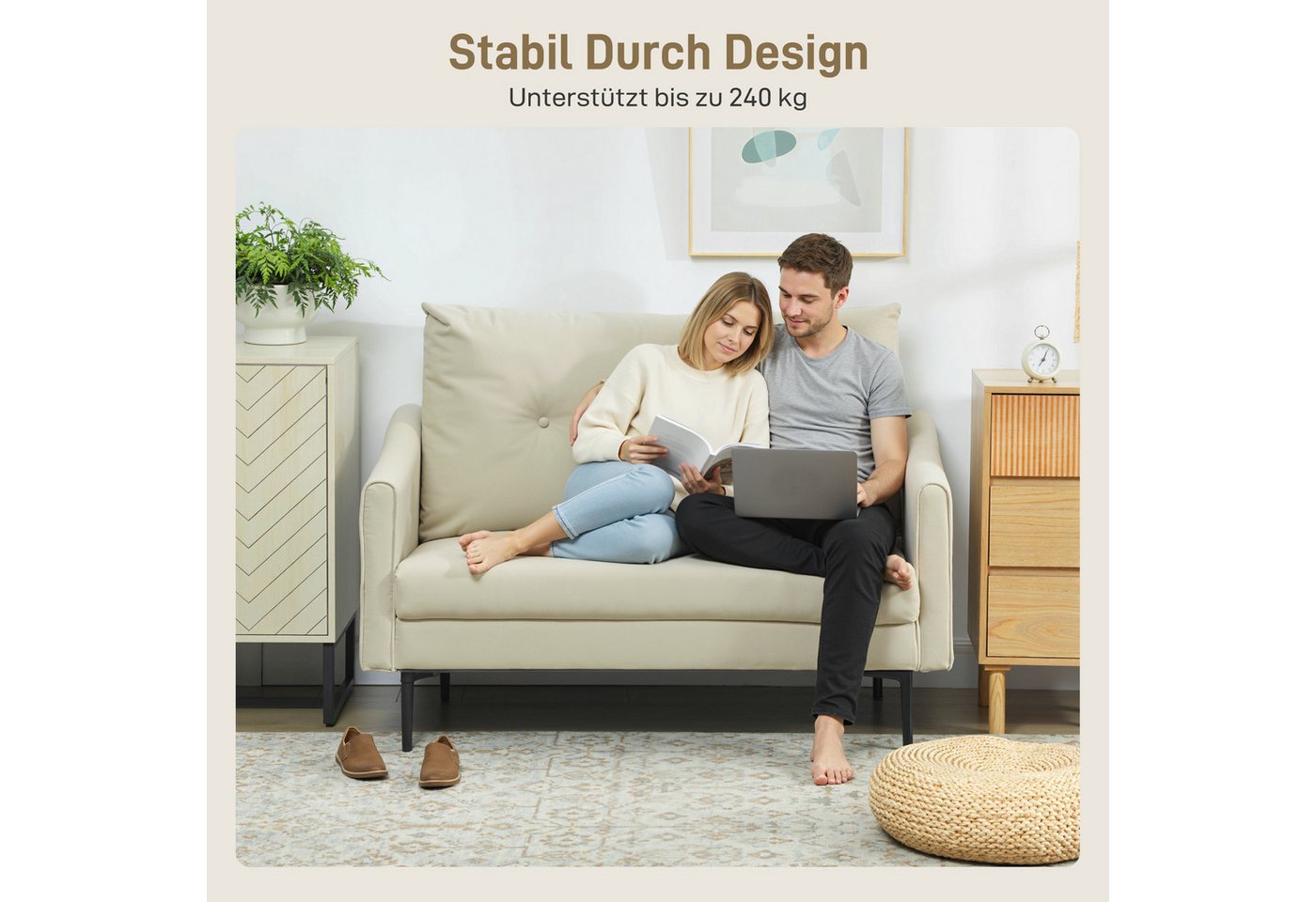 HOMCOM 2-Sitzer Sofa 124 cm Kleine Polstersofa Dick Gepolstert Samtoptik Getuftet, Couch 1 Teile, für Wohnzimmer, Schlafzimmer, Metallrahmen, Cremeweiß – Bild 5 von 5