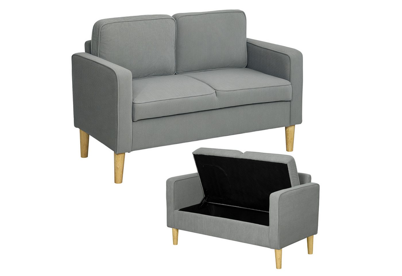 HOMCOM 2-Sitzer Sofa mit 2 Armlehne, Stauraum, Kleine Loveseat, Holzbeine, Couch 1 Teile, aus Corduroy für Wohnzimmer, Schlafzimmer, Hellgrau 117 x 63 x 79 cm – Bild 2 von 5