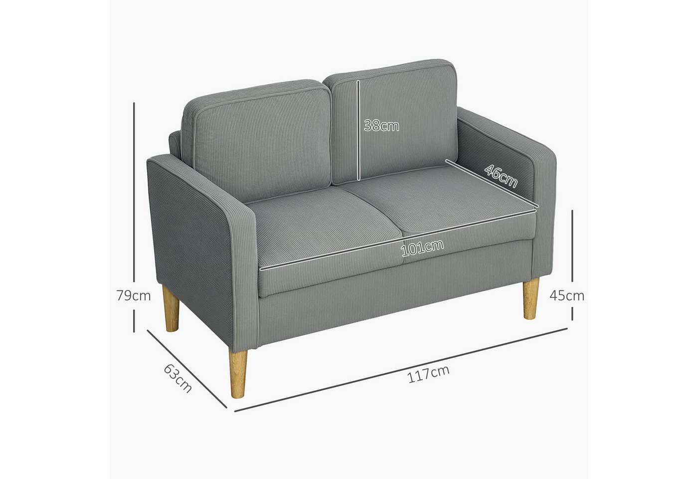 HOMCOM 2-Sitzer Sofa mit 2 Armlehne, Stauraum, Kleine Loveseat, Holzbeine, Couch 1 Teile, aus Corduroy für Wohnzimmer, Schlafzimmer, Hellgrau 117 x 63 x 79 cm – Bild 3 von 5
