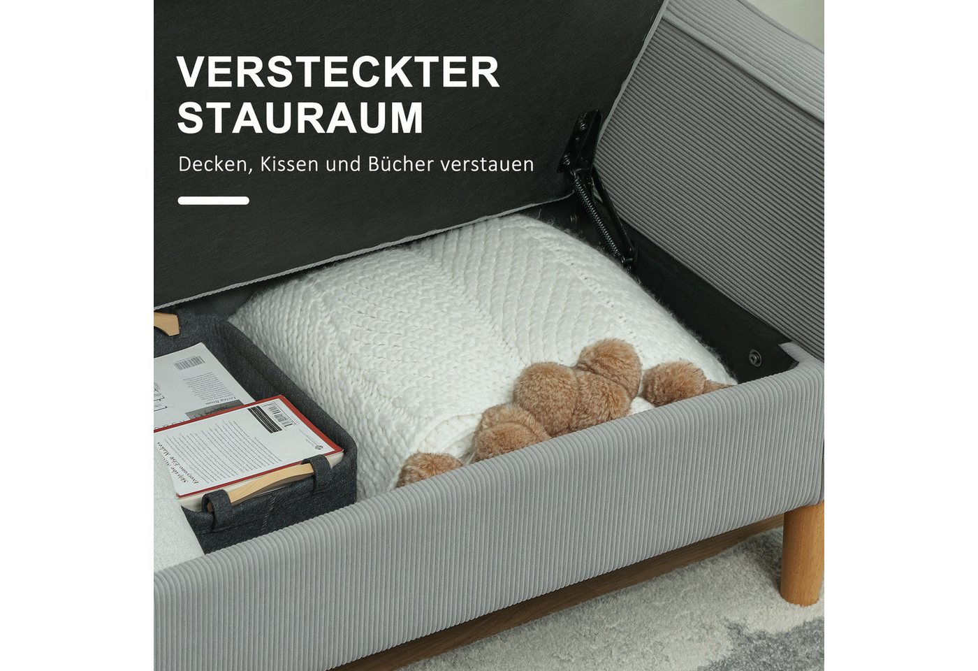 HOMCOM 2-Sitzer Sofa mit 2 Armlehne, Stauraum, Kleine Loveseat, Holzbeine, Couch 1 Teile, aus Corduroy für Wohnzimmer, Schlafzimmer, Hellgrau 117 x 63 x 79 cm – Bild 4 von 5