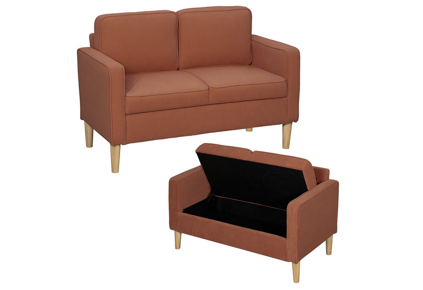 HOMCOM 2-Sitzer Sofa mit 2 Armlehne, Stauraum, Kleine Loveseat, Holzbeine, Couch 1 Teile, aus Corduroy für Wohnzimmer, Schlafzimmer, Orange 117 x 63 x 79 cm – Bild 2 von 5