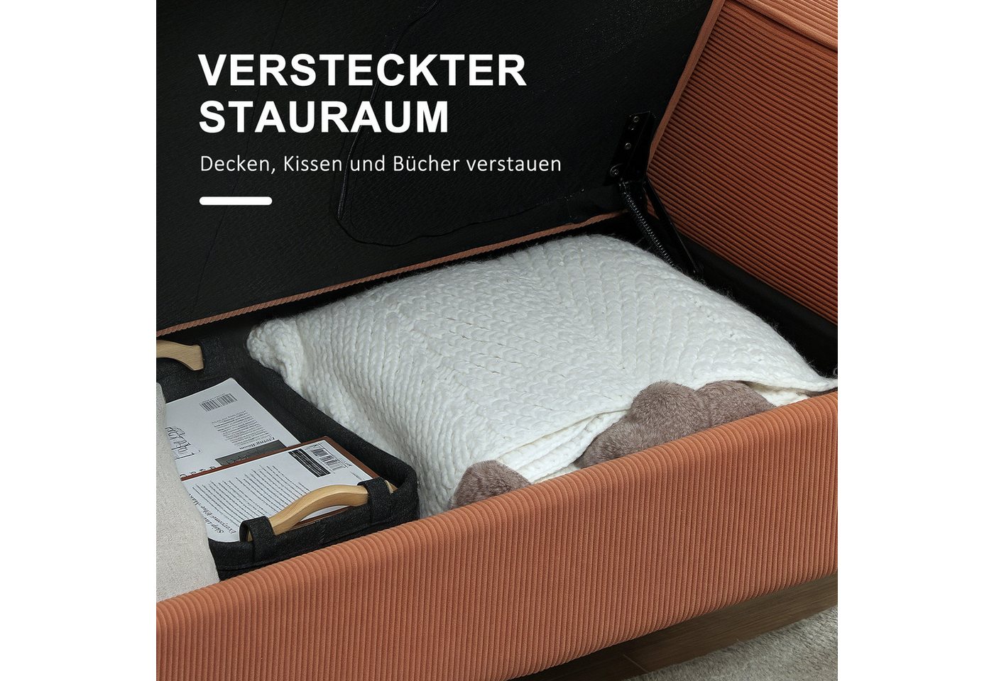 HOMCOM 2-Sitzer Sofa mit 2 Armlehne, Stauraum, Kleine Loveseat, Holzbeine, Couch 1 Teile, aus Corduroy für Wohnzimmer, Schlafzimmer, Orange 117 x 63 x 79 cm – Bild 4 von 5