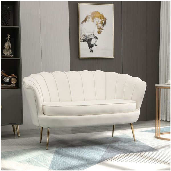 HOMCOM 2-Sitzer Sofa mit Armlehne, Doppelsofa mit Samtoptik, Metallbeine, Polstersofa 1 Teile, für Wohnzimmer, Schlafzimmer, 130 x 77 x 77 cm, Creme