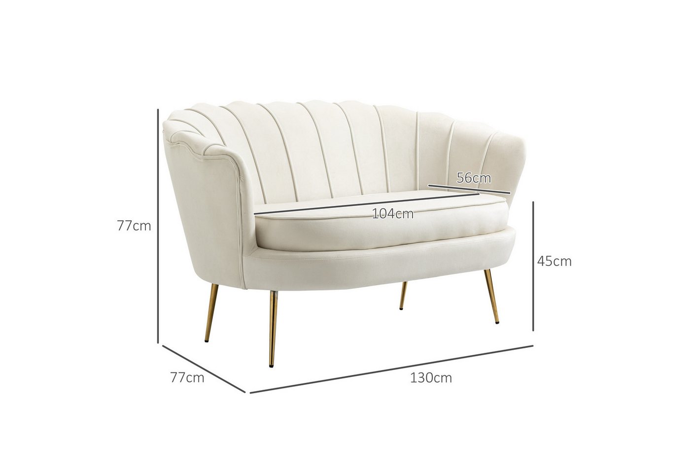 HOMCOM 2-Sitzer Sofa mit Armlehne, Doppelsofa mit Samtoptik, Metallbeine, Polstersofa 1 Teile, für Wohnzimmer, Schlafzimmer, 130 x 77 x 77 cm, Creme – Bild 3 von 5