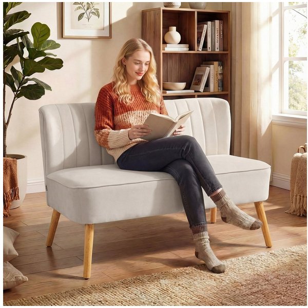 HOMCOM 2-Sitzer Sofa, Kleine Loveseat mit Samt-Optik, für Schlafzimmer, Doppelsofa 1 Teile, für Wohnzimmer, Schlafzimmer, 117 x 56,5 x 77 cm, Cremeweiß