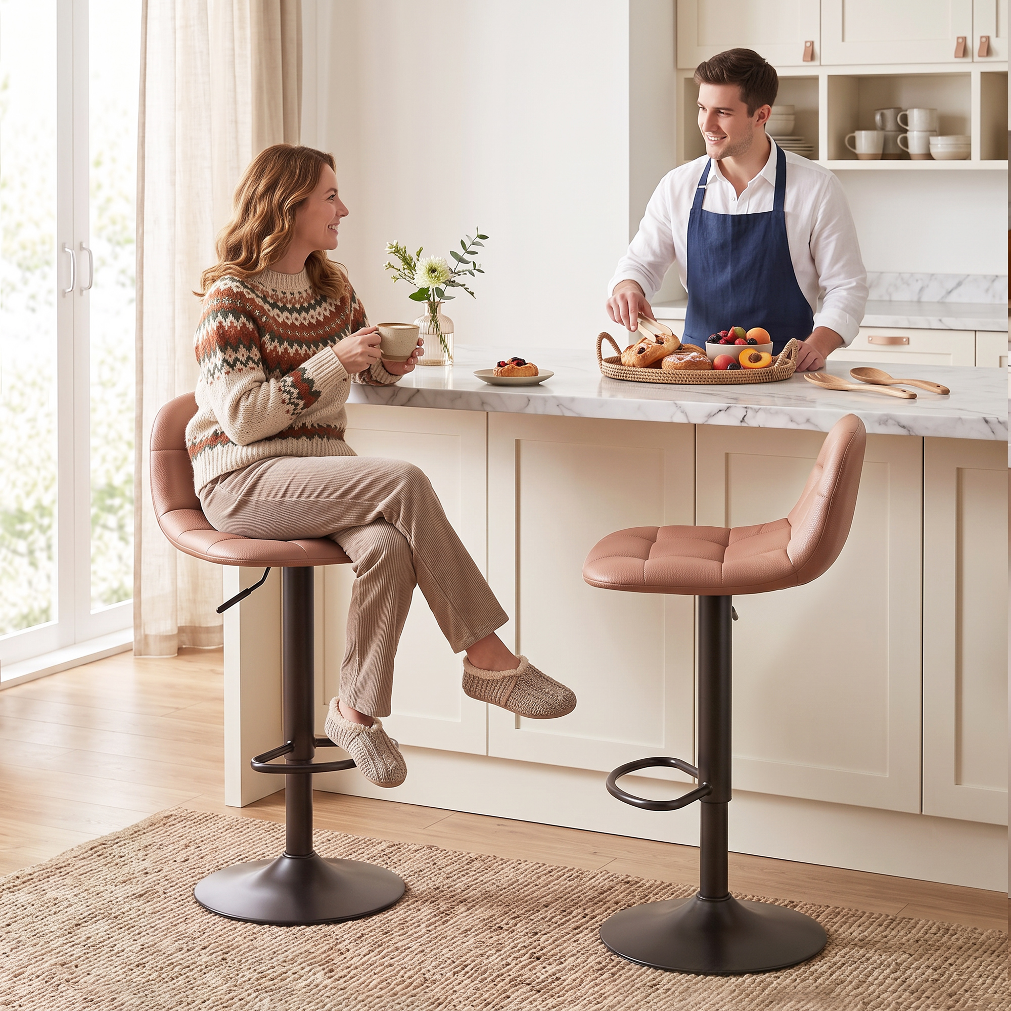 HOMCOM 2er-Set Barhocker aus PU-Leder, Retro-Industrial - Barstühle, höhenverstellbar, 360° drehbar, Rückenlehne, Fußstütze - für Esszimmer, Theke, 40x41,5x76-9 – Bild 2 von 2