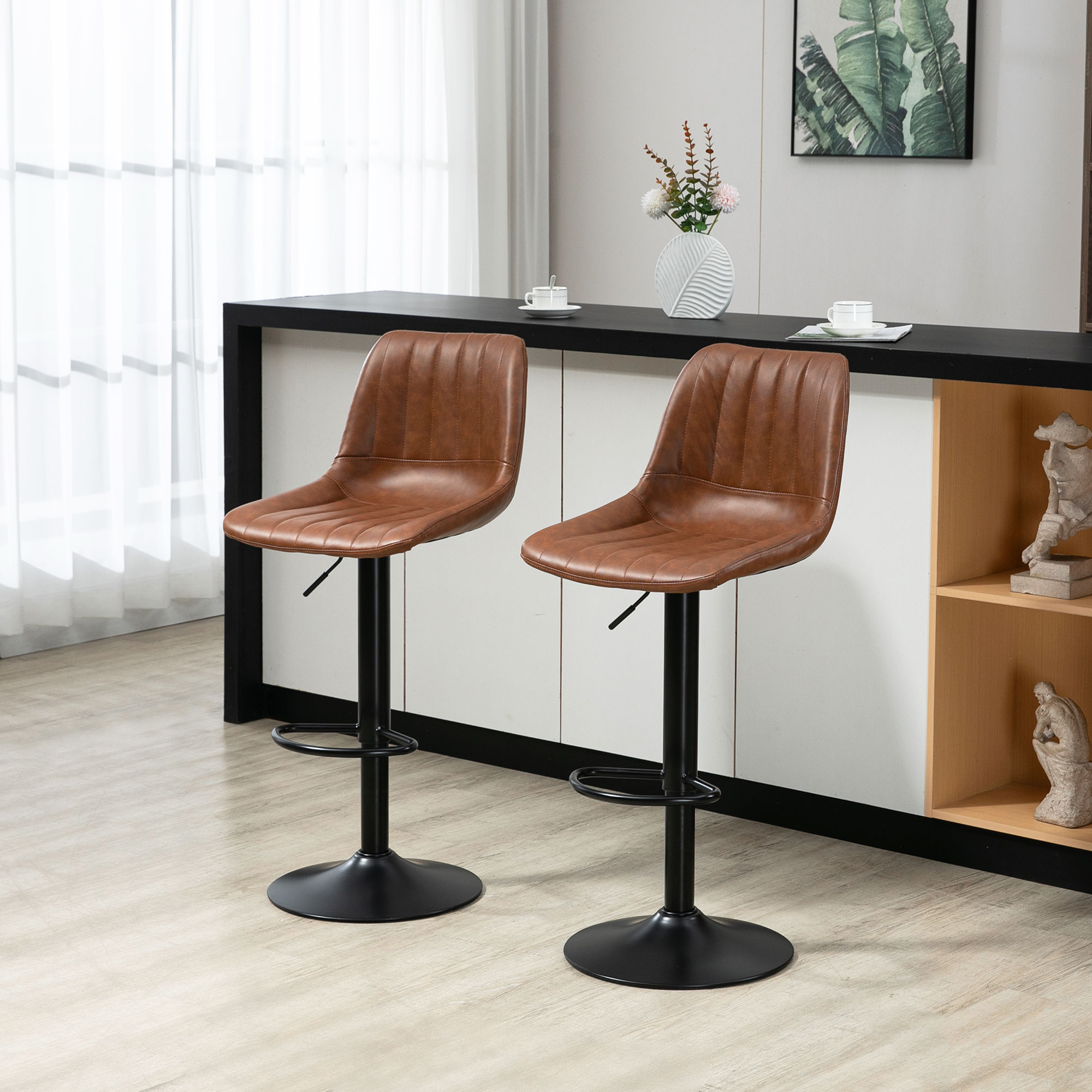 HOMCOM 2er Set Barhocker Höhenverstellbare Tresenhocker Kunstleder Bistrohocker mit Fußring Stahl Braun für Küche & Bar Aosom.de – Bild 2 von 2