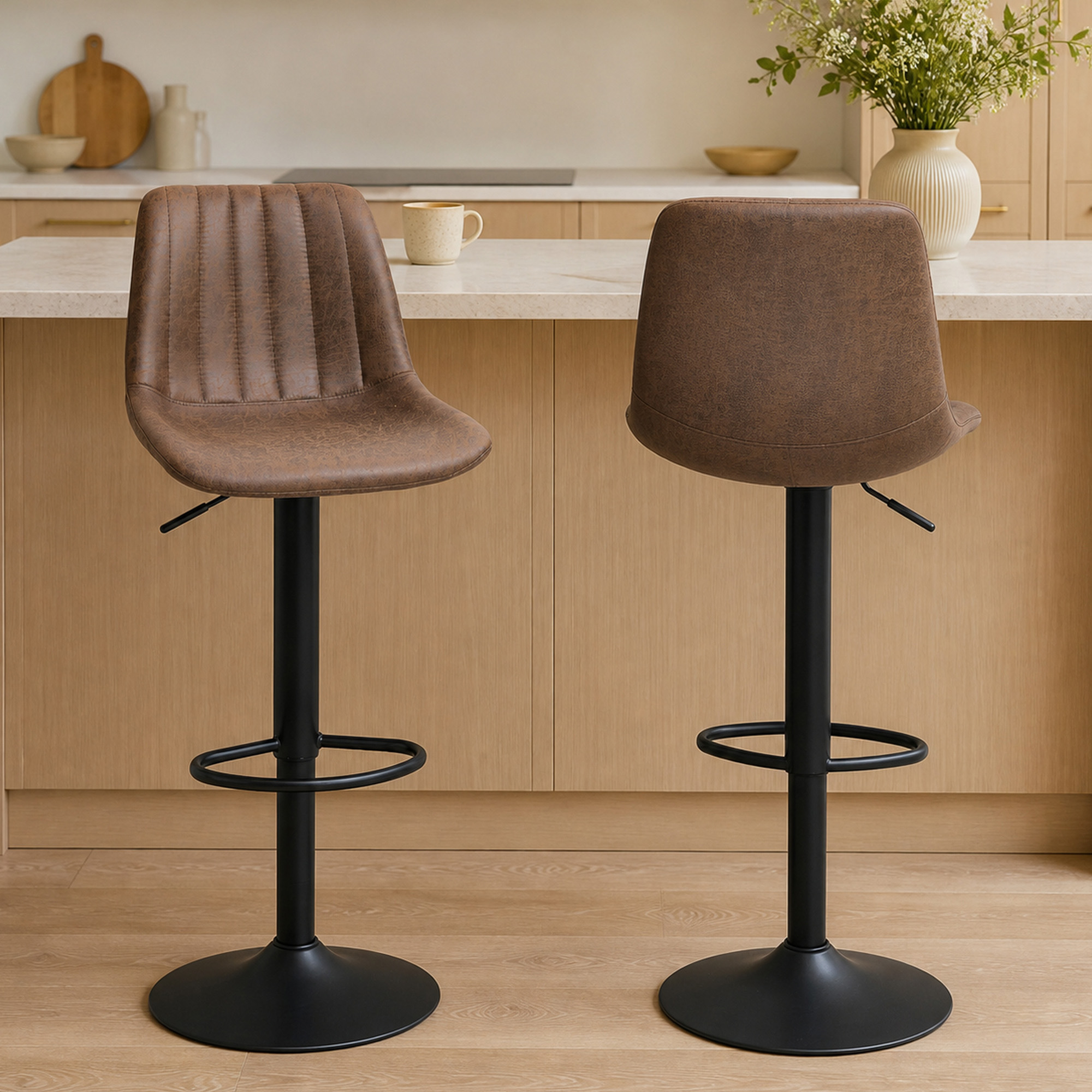 HOMCOM 2er-Set Barhocker Küchenhocker höhenverstellbar mit Fußstützen Drehstuhl Braun Polyester 43 x 46 5 x 89-110 cm für Bar Küche Aosom.de – Bild 2 von 2