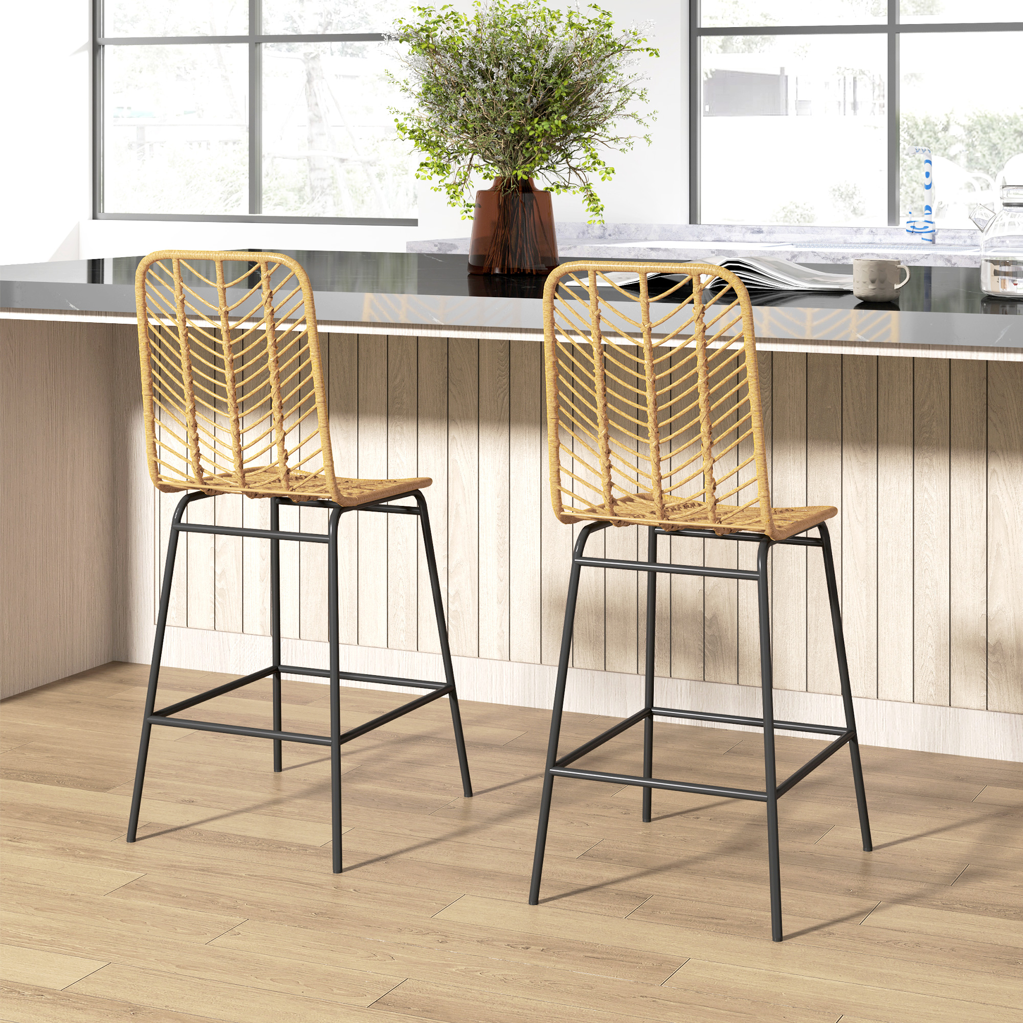 HOMCOM 2er Set Barhocker mit Lehne Barstühle im Boho-Design, PE-Rattan, inkl. Fußtstütze, 42,5 cm x 52 cm x 102 cm, Gelb + Schwarz Aosom.de – Bild 2 von 2