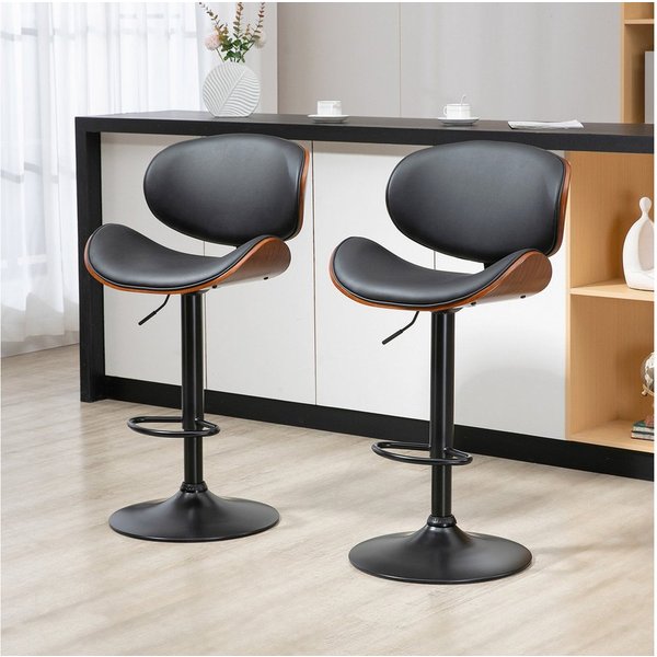 HOMCOM 2er-Set Barhocker, Höhenverstellbarer Küchenhocker, Tresenstuhl aus Kunstleder, Drehstuhl mit Fußstützen, Barstuhl für Küche, Esszimmer, Schwarz, Stahl, 